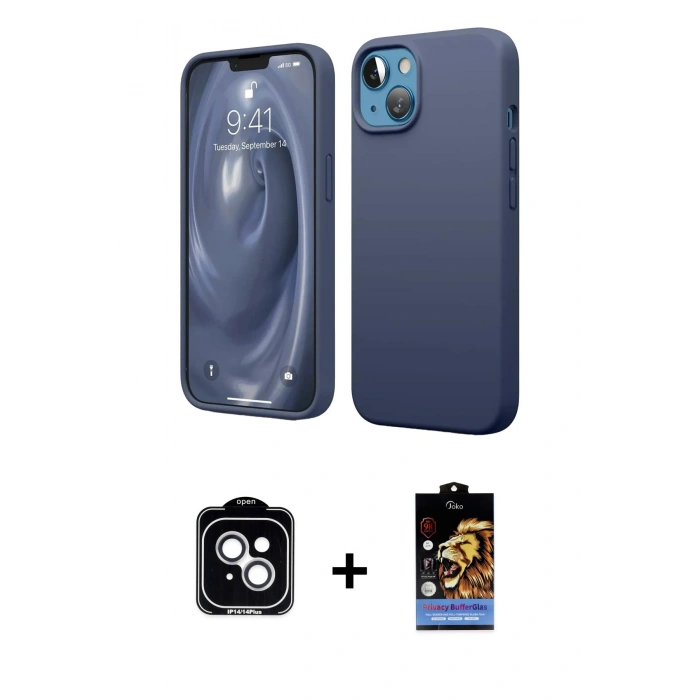 MARSİLYAN™- iPhone 14 Kılıf Kozmos Yansıma Özel Seri - Siyah Buffer Hayalet Cam Ekran Koruyucu + PVD Metal Kamera Lens - GS