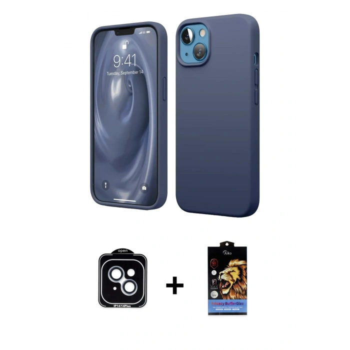 MARSİLYAN™- iPhone 14 Kılıf Kozmos Yansıma Özel Seri - Siyah Buffer Hayalet Cam Ekran Koruyucu + PVD Metal Kamera Lens - MI