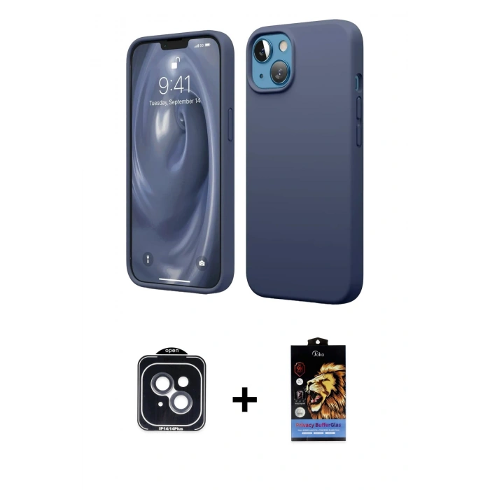 MARSİLYAN™- iPhone 14 Kılıf Kozmos Yansıma Özel Seri - Siyah Buffer Hayalet Cam Ekran Koruyucu + PVD Metal Kamera Lens - SH