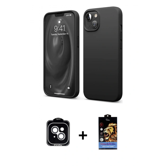 MARSİLYAN™- iPhone 14 Kılıf Kozmos Yansıma Özel Seri - Siyah Buffer Hayalet Cam Ekran Koruyucu + PVD Metal Kamera Lens - GS