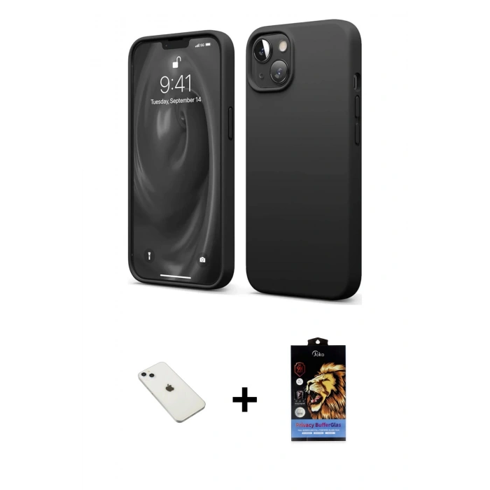 MARSİLYAN™- iPhone 14 Kılıf Kozmos Yansıma Özel Seri - Siyah Buffer Hayalet Cam Ekran Koruyucu + Sierra Blue Diamond Kamera Lens