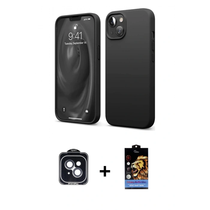 MARSİLYAN™- iPhone 14 Kılıf Kozmos Yansıma Özel Seri - Siyah Buffer Hayalet Cam Ekran Koruyucu + Siyah PVD Metal Kamera Lens