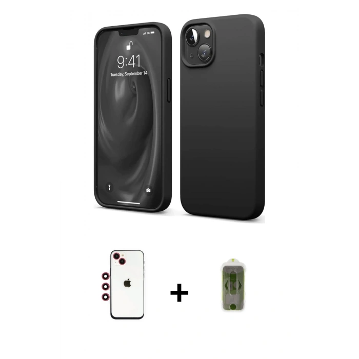 MARSİLYAN™- iPhone 14 Kılıf Kozmos Yansıma Özel Seri - Siyah Joko Magic 5D Hayalet Cam + Kırmızı Shine Kamera Lens