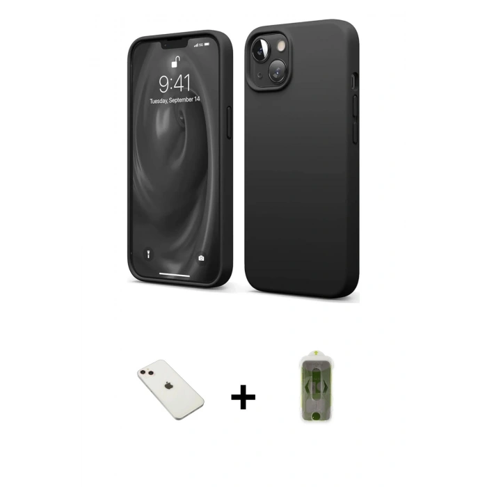 MARSİLYAN™- iPhone 14 Kılıf Kozmos Yansıma Özel Seri - Siyah Joko Magic 5D Hayalet Cam + Pembe Diamond Kamera Lens