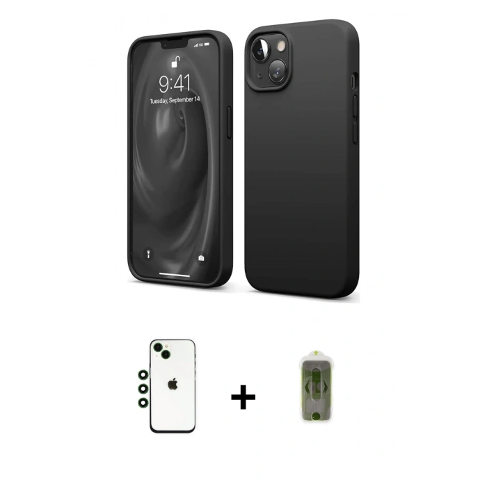 MARSİLYAN™- iPhone 14 Kılıf Kozmos Yansıma Özel Seri - Siyah Joko Magic 5D Hayalet Cam + Yeşil Shine Kamera Lens