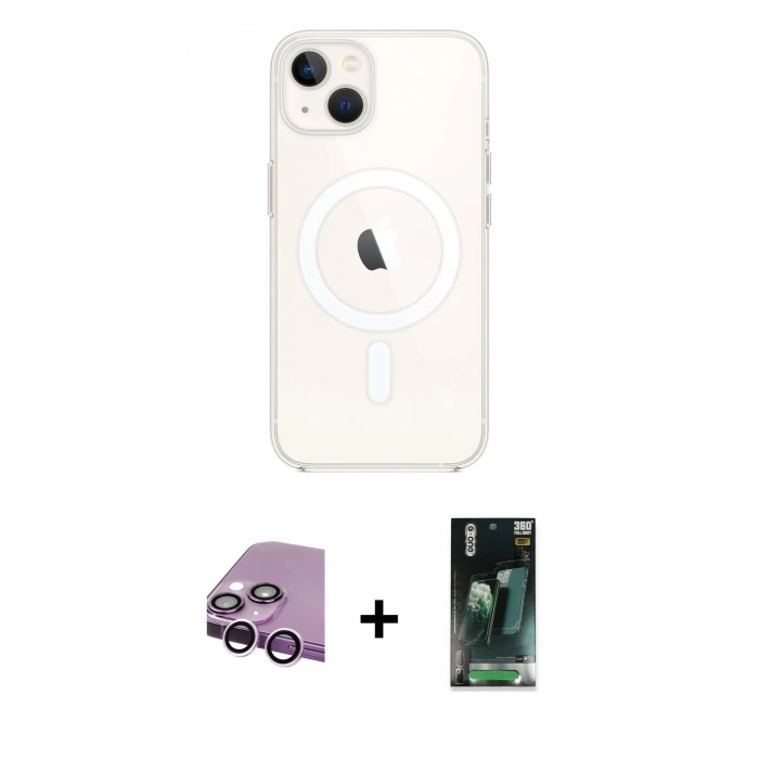 MARSİLYAN™- iPhone 14 Kılıf Kutup Klasik Serisi - Şeffaf 360 Full Body Arka Koruyucu + Raze Metal Kamera Lens - MR