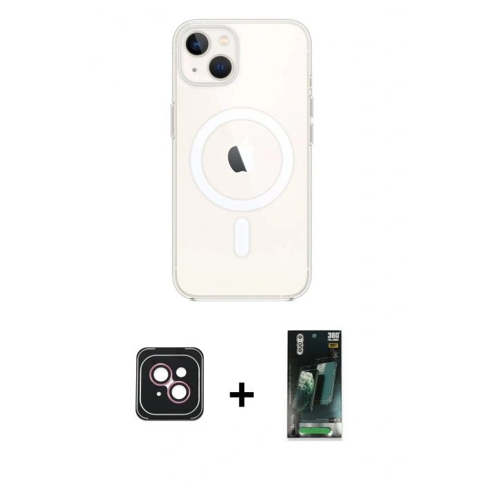 MARSİLYAN™- iPhone 14 Kılıf Kutup Klasik Serisi - Şeffaf 360 Full Body Arka Koruyucu + PVD Metal Kamera Lens - PE