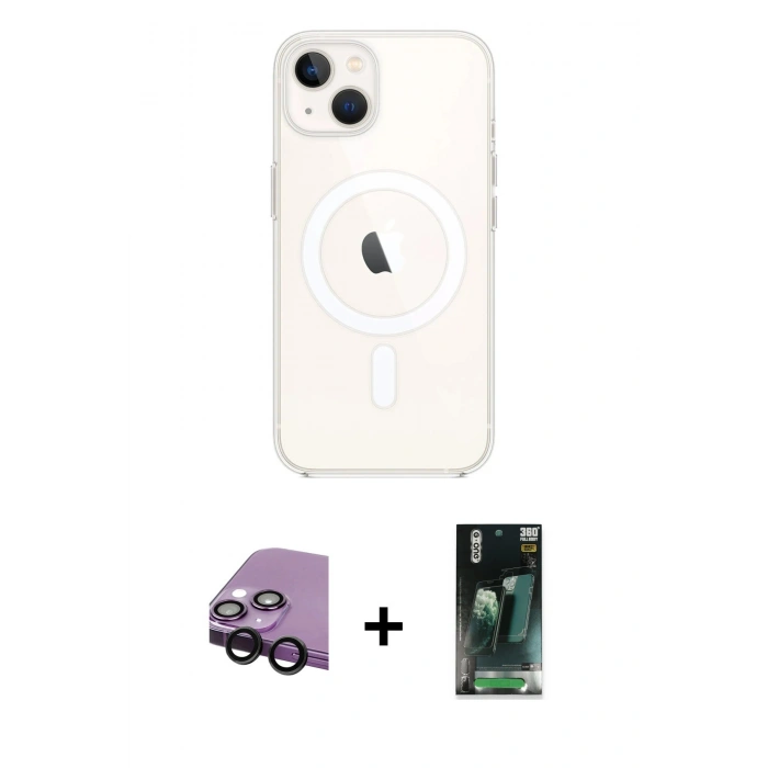 MARSİLYAN™- iPhone 14 Kılıf Kutup Klasik Serisi - Şeffaf 360 Full Body Arka Koruyucu + Raze Metal Kamera Lens - SH
