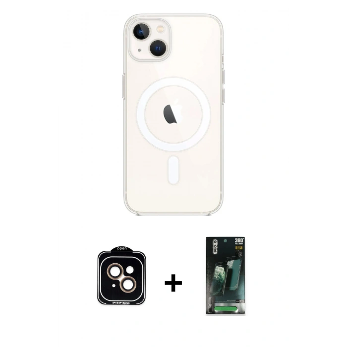 MARSİLYAN™- iPhone 14 Kılıf Kutup Klasik Serisi - Şeffaf 360 Full Body Arka Koruyucu + PVD Metal Kamera Lens - TU