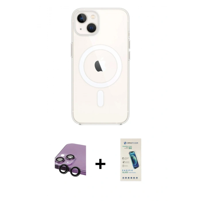 MARSİLYAN™- iPhone 14 Kılıf Kutup Klasik Serisi - Şeffaf Pasifik Cam Ekran Koruyucu + Raze Metal Kamera Lens - SH