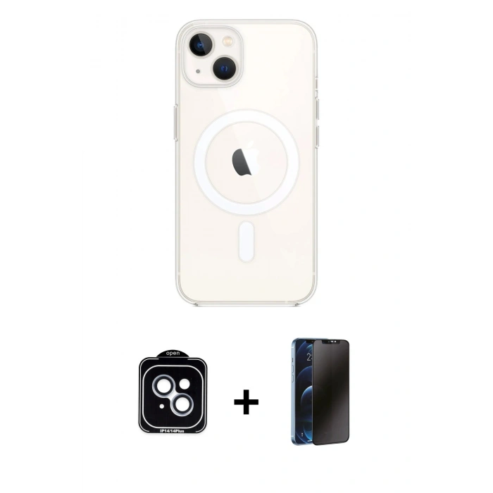 MARSİLYAN™- iPhone 14 Kılıf Kutup Klasik Serisi - Siyah 3D Antistatik Hayalet Cam Ekran Koruyucu + PVD Metal Kamera Lens - MI