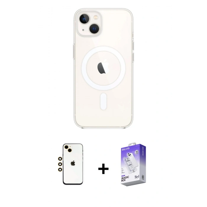 MARSİLYAN™- iPhone 14 Kılıf Kutup Klasik Serisi - Siyah Bilvis 5in1 3D Magic Cam Ekran Koruyucu + Gold Shine Kamera Lens