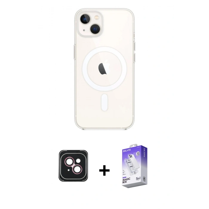 MARSİLYAN™- iPhone 14 Kılıf Kutup Klasik Serisi - Siyah Bilvis 5in1 3D Magic Cam Ekran Koruyucu + Pembe PVD Metal Kamera Lens