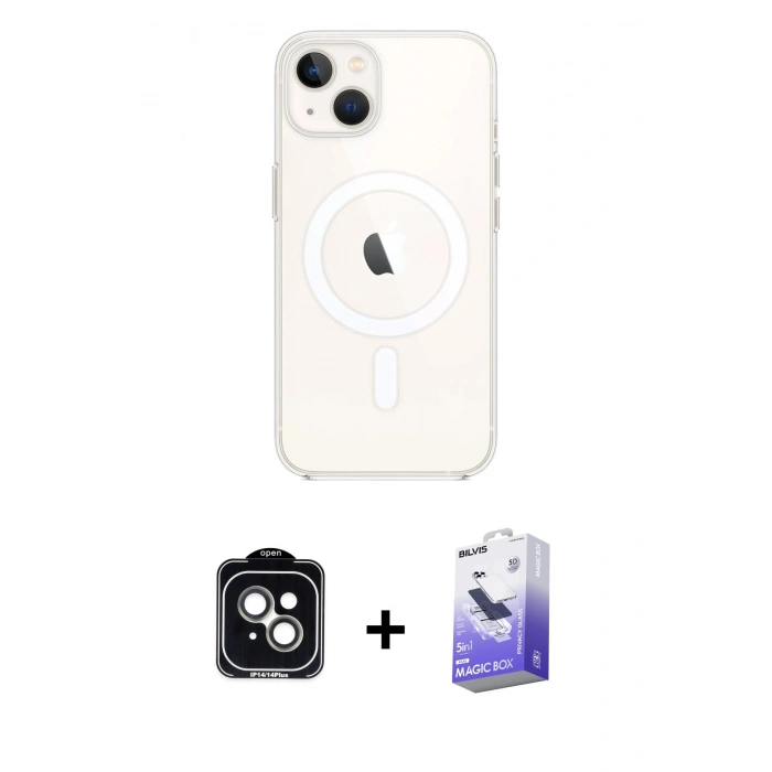 MARSİLYAN™- iPhone 14 Kılıf Kutup Klasik Serisi - Siyah Bilvis 5in1 5D Magic Hayalet Cam Ekran Koruyucu + PVD Metal Kamera Lens - YL