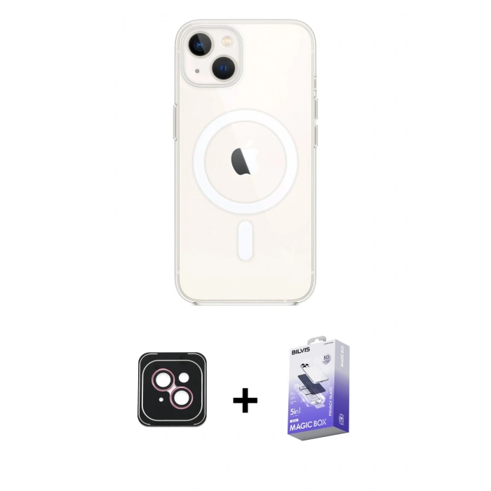 MARSİLYAN™- iPhone 14 Kılıf Kutup Klasik Serisi - Siyah Bilvis 5in1 5D Magic Hayalet Cam Ekran Koruyucu + PVD Metal Kamera Lens - PE