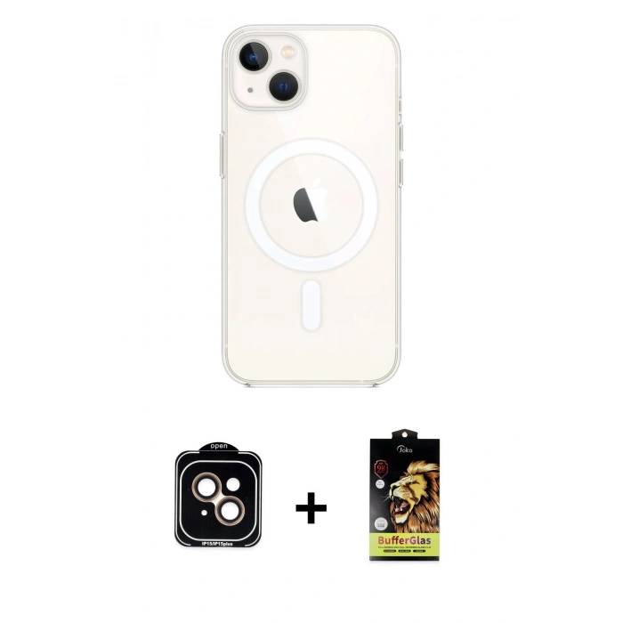 MARSİLYAN™- iPhone 14 Kılıf Kutup Klasik Serisi - Siyah Buffer Cam Ekran Koruyucu + PVD Metal Kamera Lens - TU