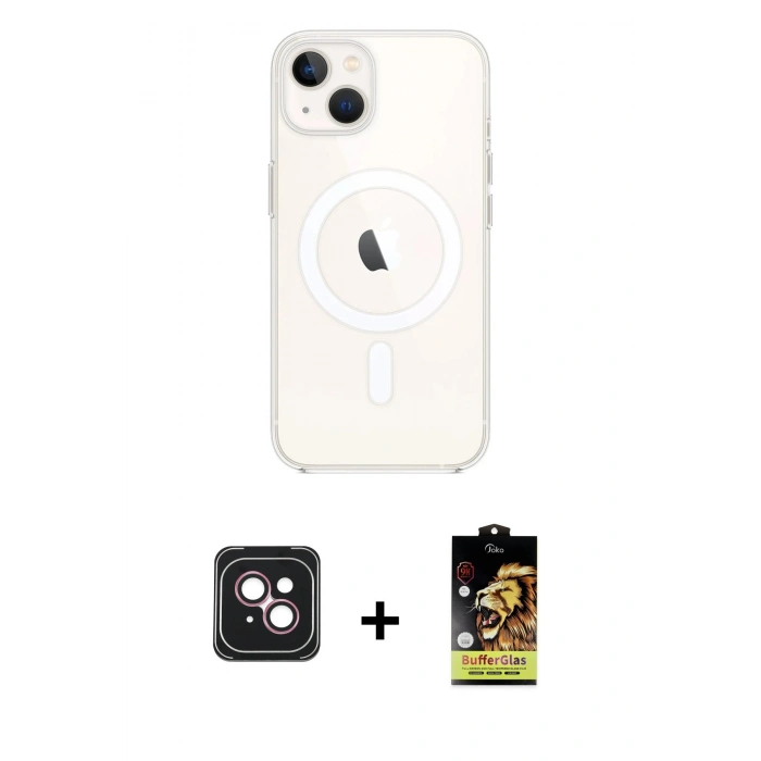 MARSİLYAN™- iPhone 14 Kılıf Kutup Klasik Serisi - Siyah Buffer Cam Ekran Koruyucu + PVD Metal Kamera Lens - PE