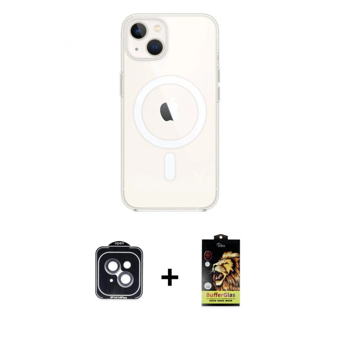 MARSİLYAN™- iPhone 14 Kılıf Kutup Klasik Serisi - Siyah Buffer Cam Ekran Koruyucu + PVD Metal Kamera Lens - SH