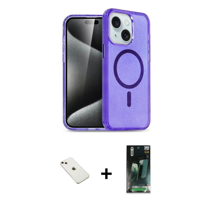 MARSİLYAN™- iPhone 14 Kılıf Nova Asil Prime - Şeffaf 360 Full Body Arka Koruyucu + Diamond Kamera Lens - PE