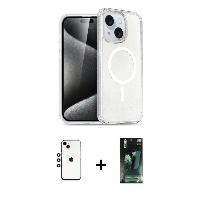 MARSİLYAN™- iPhone 14 Kılıf Nova Asil Prime - Şeffaf 360 Full Body Arka Koruyucu + Shine Kamera Lens - GD