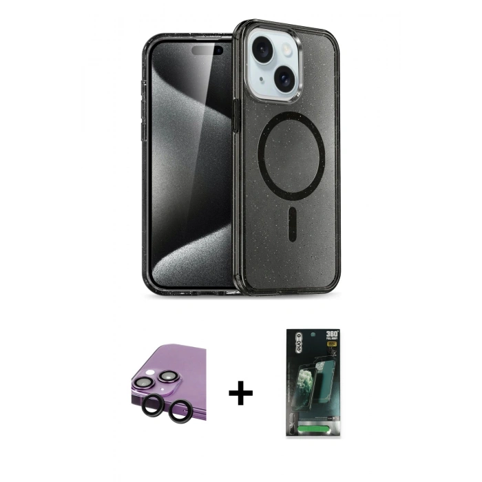 MARSİLYAN™- iPhone 14 Kılıf Nova Asil Prime - Şeffaf 360 Full Body Arka Koruyucu + Raze Metal Kamera Lens - SH