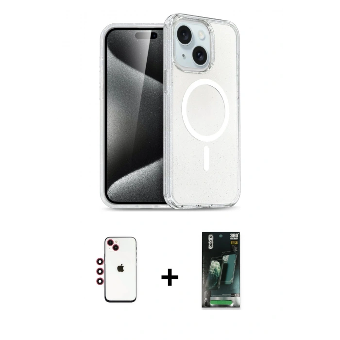 MARSİLYAN™- iPhone 14 Kılıf Nova Asil Prime - Şeffaf 360 Full Body Arka Koruyucu + Shine Kamera Lens - KI
