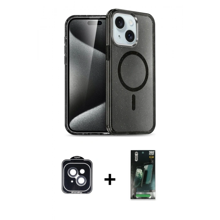 MARSİLYAN™- iPhone 14 Kılıf Nova Asil Prime - Şeffaf 360 Full Body Arka Koruyucu + PVD Metal Kamera Lens - SH