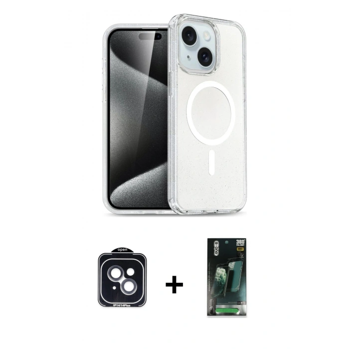 MARSİLYAN™- iPhone 14 Kılıf Nova Asil Prime - Şeffaf 360 Full Body Arka Koruyucu + PVD Metal Kamera Lens - SH