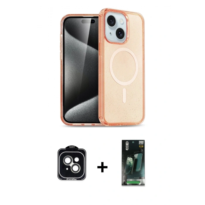 MARSİLYAN™- iPhone 14 Kılıf Nova Asil Prime - Şeffaf 360 Full Body Arka Koruyucu + PVD Metal Kamera Lens - YL