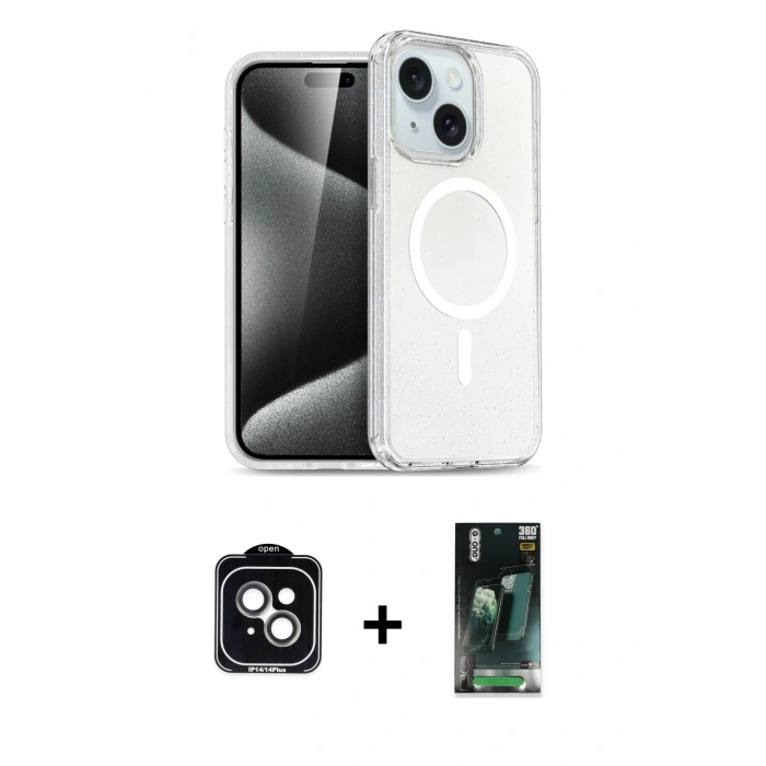 MARSİLYAN™- iPhone 14 Kılıf Nova Asil Prime - Şeffaf 360 Full Body Arka Koruyucu + PVD Metal Kamera Lens - YL