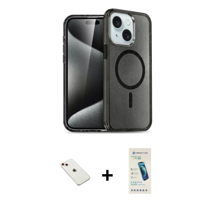 MARSİLYAN™- iPhone 14 Kılıf Nova Asil Prime - Şeffaf Pasifik Cam Ekran Koruyucu + Diamond Kamera Lens - KI