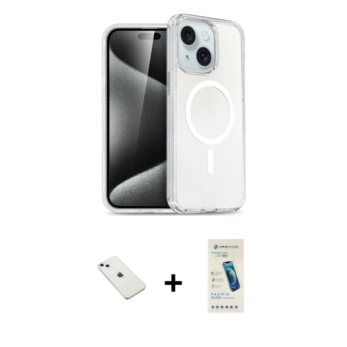 MARSİLYAN™- iPhone 14 Kılıf Nova Asil Prime - Şeffaf Pasifik Cam Ekran Koruyucu + Diamond Kamera Lens - SABE