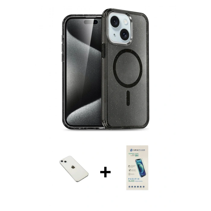 MARSİLYAN™- iPhone 14 Kılıf Nova Asil Prime - Şeffaf Pasifik Cam Ekran Koruyucu + Diamond Kamera Lens - SABE