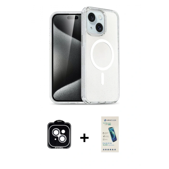 MARSİLYAN™- iPhone 14 Kılıf Nova Asil Prime - Şeffaf Pasifik Cam Ekran Koruyucu + PVD Metal Kamera Lens - GS