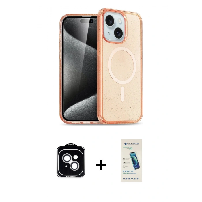 MARSİLYAN™- iPhone 14 Kılıf Nova Asil Prime - Şeffaf Pasifik Cam Ekran Koruyucu + PVD Metal Kamera Lens - GS