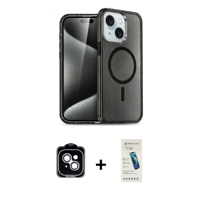 MARSİLYAN™- iPhone 14 Kılıf Nova Asil Prime - Şeffaf Pasifik Cam Ekran Koruyucu + PVD Metal Kamera Lens - GS