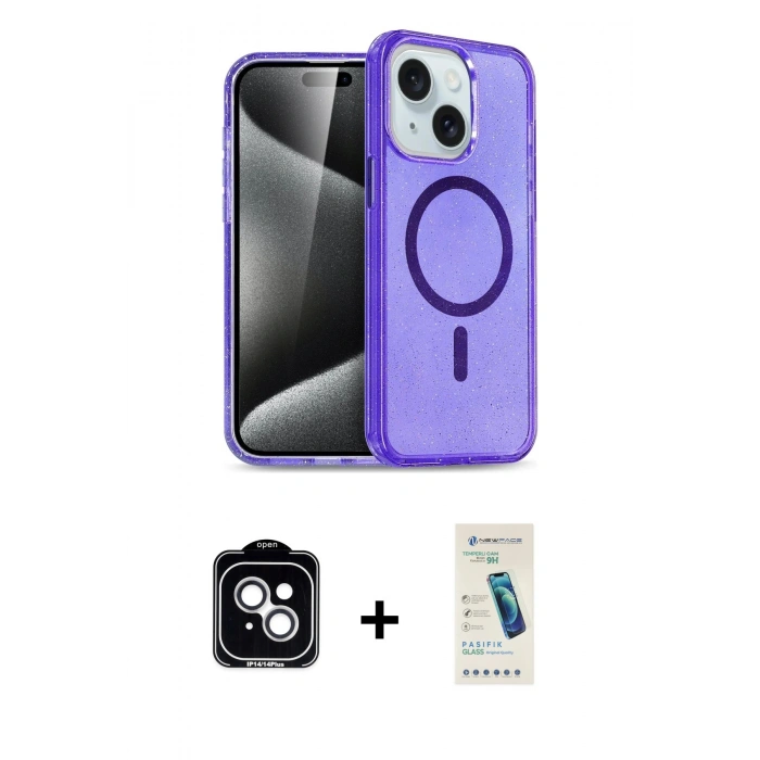 MARSİLYAN™- iPhone 14 Kılıf Nova Asil Prime - Şeffaf Pasifik Cam Ekran Koruyucu + PVD Metal Kamera Lens - GS