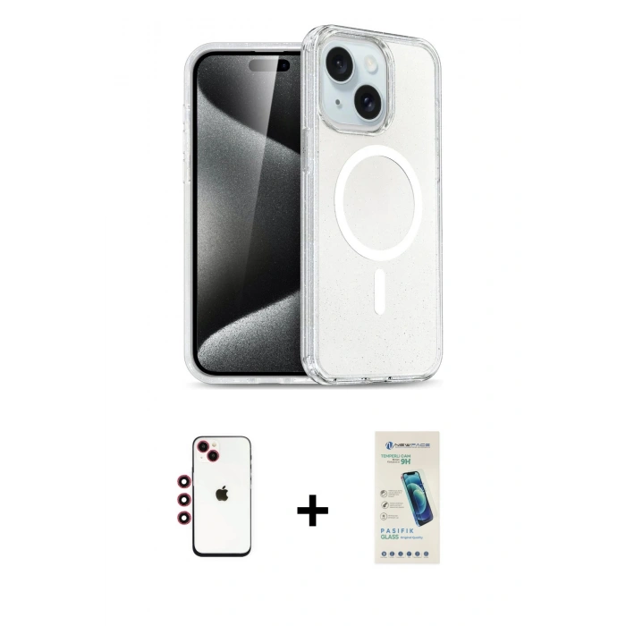 MARSİLYAN™- iPhone 14 Kılıf Nova Asil Prime - Şeffaf Pasifik Cam Ekran Koruyucu + Shine Kamera Lens - KI