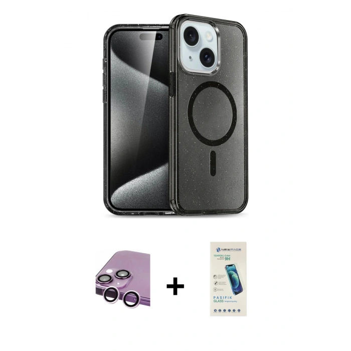 MARSİLYAN™- iPhone 14 Kılıf Nova Asil Prime - Şeffaf Pasifik Cam Ekran Koruyucu + Raze Metal Kamera Lens - MR
