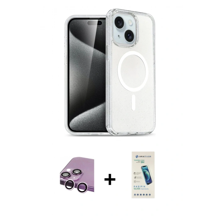 MARSİLYAN™- iPhone 14 Kılıf Nova Asil Prime - Şeffaf Pasifik Cam Ekran Koruyucu + Raze Metal Kamera Lens - MR