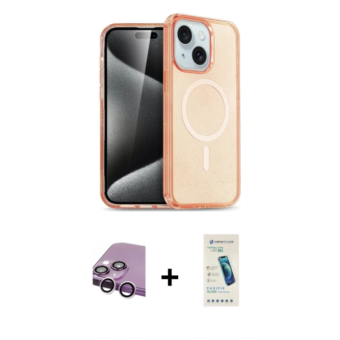 MARSİLYAN™- iPhone 14 Kılıf Nova Asil Prime - Şeffaf Pasifik Cam Ekran Koruyucu + Raze Metal Kamera Lens - MR
