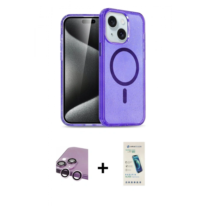 MARSİLYAN™- iPhone 14 Kılıf Nova Asil Prime - Şeffaf Pasifik Cam Ekran Koruyucu + Raze Metal Kamera Lens - MR