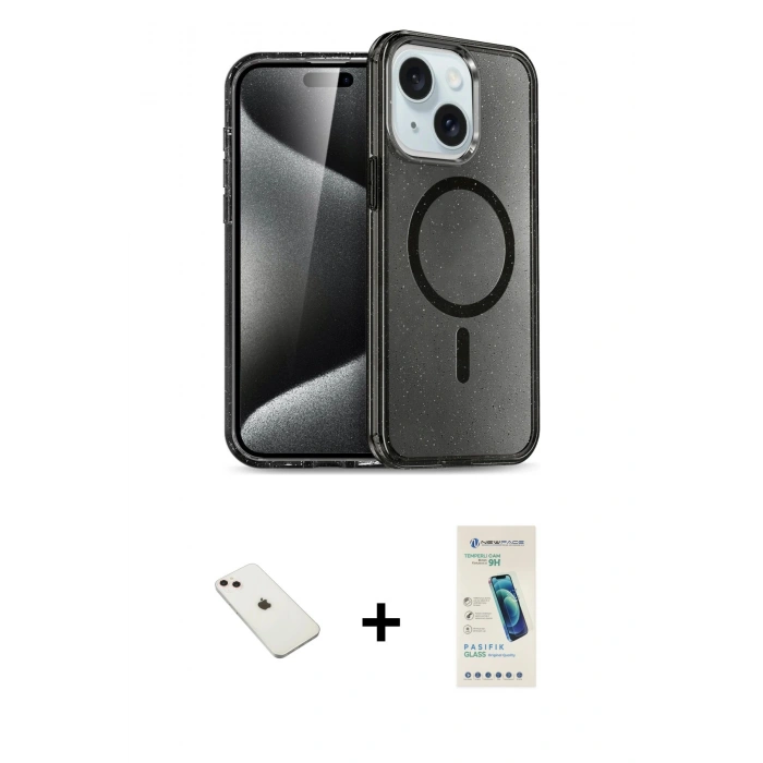 MARSİLYAN™- iPhone 14 Kılıf Nova Asil Prime - Şeffaf Pasifik Cam Ekran Koruyucu + Diamond Kamera Lens - PE