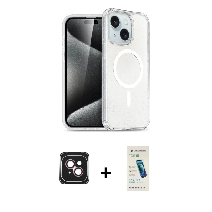 MARSİLYAN™- iPhone 14 Kılıf Nova Asil Prime - Şeffaf Pasifik Cam Ekran Koruyucu + PVD Metal Kamera Lens - PE
