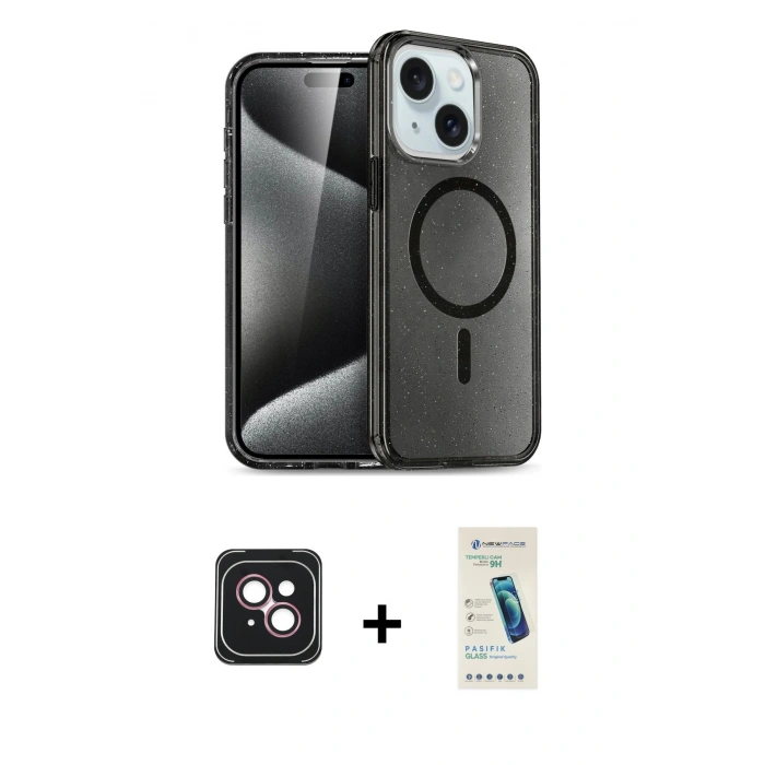 MARSİLYAN™- iPhone 14 Kılıf Nova Asil Prime - Şeffaf Pasifik Cam Ekran Koruyucu + PVD Metal Kamera Lens - PE