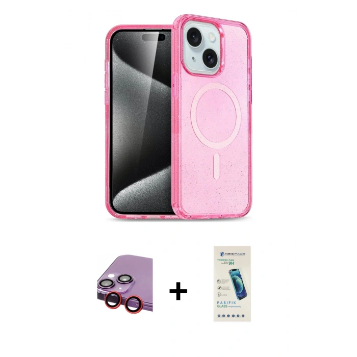 MARSİLYAN™- iPhone 14 Kılıf Nova Asil Prime - Şeffaf Pasifik Cam Ekran Koruyucu + Raze Metal Kamera Lens - KI
