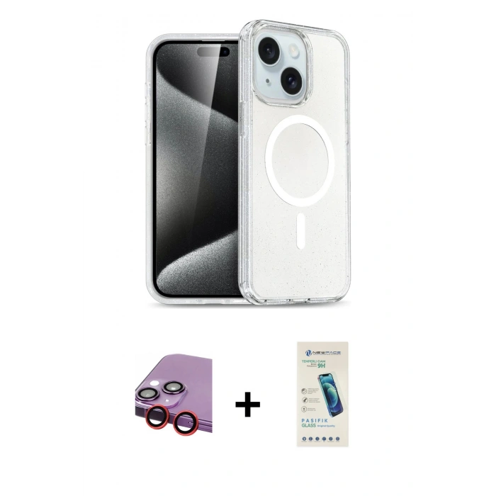 MARSİLYAN™- iPhone 14 Kılıf Nova Asil Prime - Şeffaf Pasifik Cam Ekran Koruyucu + Raze Metal Kamera Lens - KI