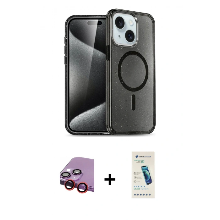 MARSİLYAN™- iPhone 14 Kılıf Nova Asil Prime - Şeffaf Pasifik Cam Ekran Koruyucu + Raze Metal Kamera Lens - KI