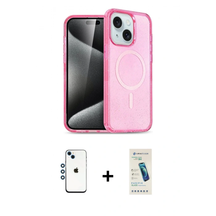 MARSİLYAN™- iPhone 14 Kılıf Nova Asil Prime - Şeffaf Pasifik Cam Ekran Koruyucu + Shine Kamera Lens - MI