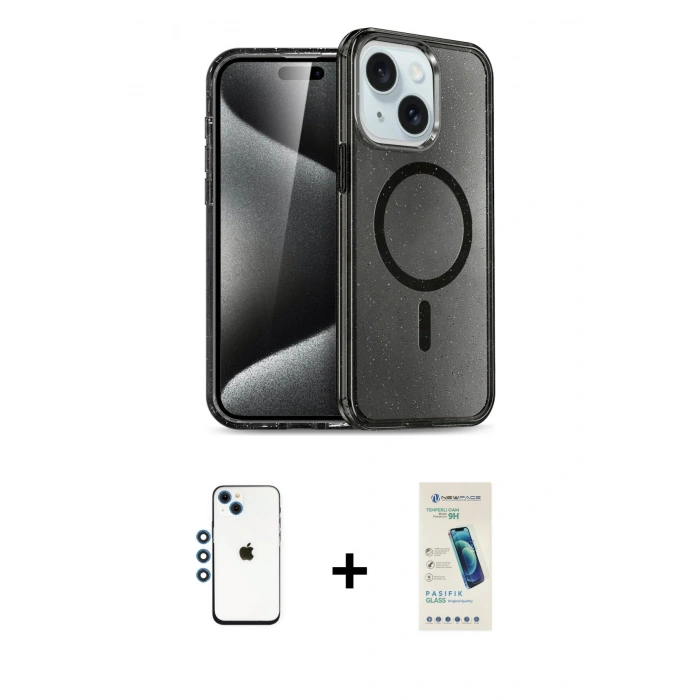 MARSİLYAN™- iPhone 14 Kılıf Nova Asil Prime - Şeffaf Pasifik Cam Ekran Koruyucu + Shine Kamera Lens - MI